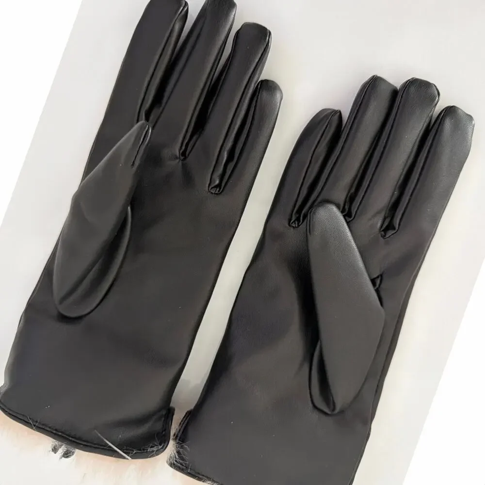 Worthington Womens Black Leather Gloves Size L-XL With Faux Fur Wrist Length